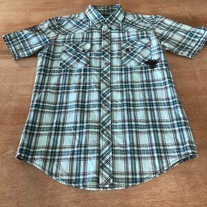 7 Diamonds Shirt Men M Blue Plaid Snap Button Up Pocket Short Sleeve Aztec